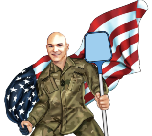 A man in uniform holding an umbrella and standing next to the american flag.